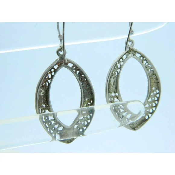 VTG .925 Sterling Silver Open Work Filigree Oval Dangle Earrings - Picture 3 of 4